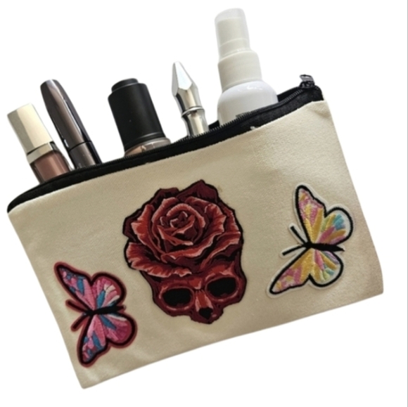 Hand Crafted embroidered bag red skull multicolored butterflies red rose rustic - Picture 1 of 17